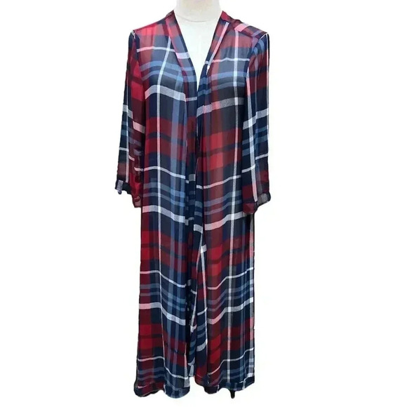 Torrid Plaid Long Kimono Semi Sheer 3/4 Sleeve M/L - Picture 1 of 7